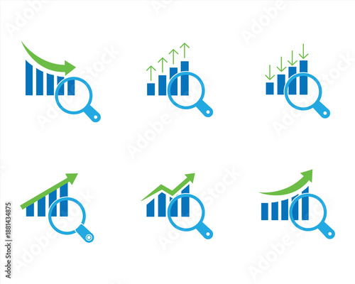 Financial forecast icon set. Business chart with magnifying glass. Market prediction. Economic analysis. Risk estimation. Vector illustration.