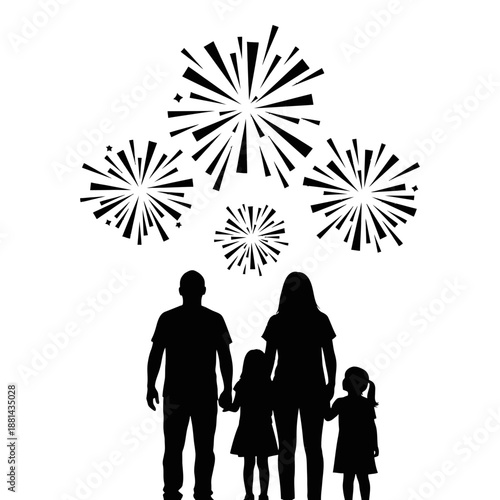 Joyful Family Silhouette Under Fireworks Display for Celebration and Unity Art