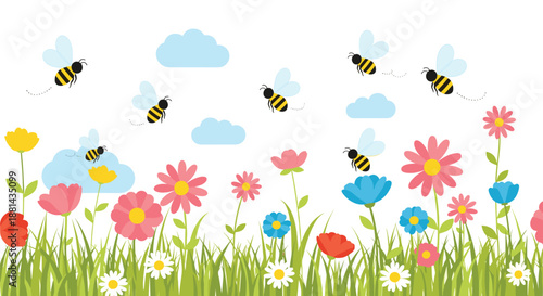 Happy meadow illustration with bright pink and blue flowers, smiling bees, and soft clouds on a white background for spring themes.
