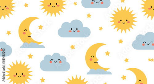 Celestial seamless pattern with cute smiling suns crescent moons clouds and stars on a white background for nursery room decor.