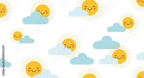 Cheerful smiling suns peeking out from behind blue clouds seamless pattern on a white background for kids and nursery themes.