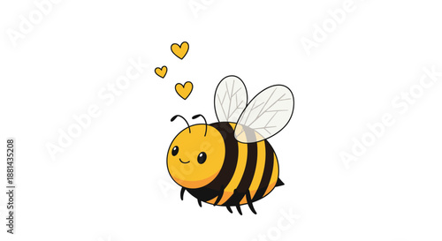 Adorable honey bee character flying with small yellow hearts illustration on a clean white background for children designs.