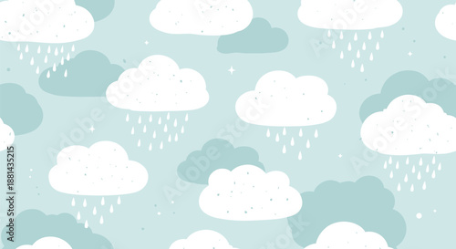 Soft weather pattern with a seamless design of white and light blue clouds and gentle raindrops on a calming blue background.