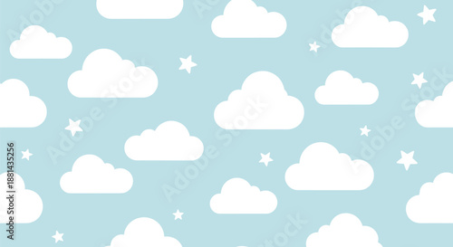 Simple and sweet seamless pattern featuring white clouds and small stars floating on a light blue background for nursery textiles.