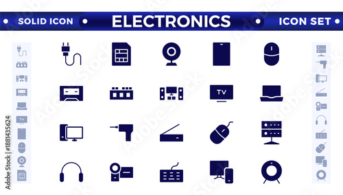 Electronics solid icons. Hardware, keyboard, disk, kitchen appliances, headphones, router, chip, computer, solid pictogram for home devices. 
