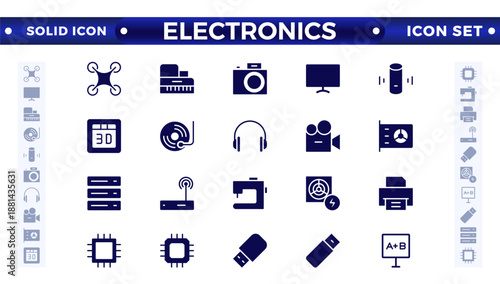 Electronics solid icons. Hardware, keyboard, disk, kitchen appliances, headphones, router, chip, computer, solid pictogram for home devices. 
