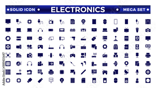 Electronics solid icons. Hardware, keyboard, disk, kitchen appliances, headphones, router, chip, computer, solid pictogram for home devices. 
