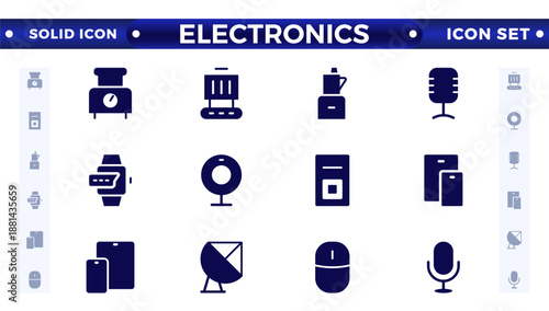 Electronics solid icons. Hardware, keyboard, disk, kitchen appliances, headphones, router, chip, computer, solid pictogram for home devices. 
