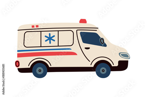 Ambulance car for emergency medical service, vector flat cartoon illustration. Healthcare transport for first aid, rescue and safety themes, city infrastructure, education materials, posters