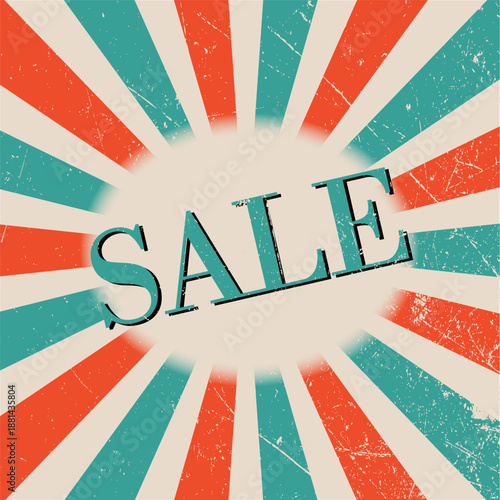 Retro sunburst background in teal and orange with a distressed texture, featuring a centered "SALE" banner in vintage typography.