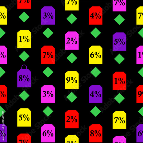 Seamless pattern of colorful sale tags with percentage discounts and green diamond shapes on a black background, perfect for retail backgrounds.