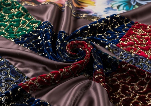 Richly colored velvet and satin fabric pieces gathered into an intricate swirl pattern