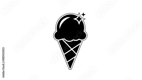 Black ice cream cone silhouette icon representing dessert, sweets, summer treats, food branding, and minimal flat food design.
