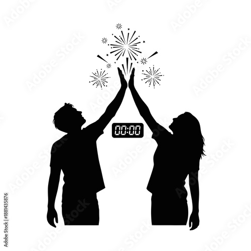 Silhouette High Five With Fireworks and Countdown Clock Representing New Year Celebration Success