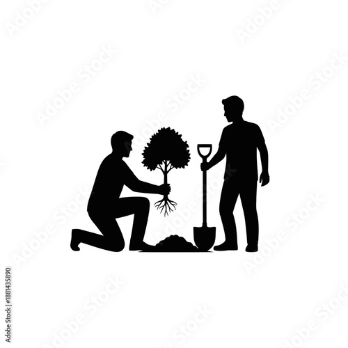 Two People Planting Tree Silhouette Representing Environmental Conservation and Sustainable Gardening