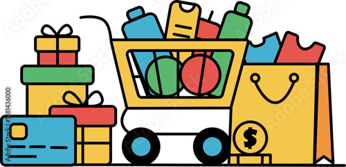 Minimalist colorful vector illustration of a shopping cart, gift boxes, credit card, and shopping bag representing e-commerce and retail concepts.