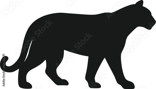 A black silhouette of a panther walking on a white background