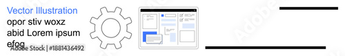 Web design, user interface, programming, engineering, system optimization, workflow management. A gear icon alongside a website wireframe with text. Web design and user interface