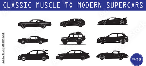 Vector Car Silhouettes Set | Classic Muscle, Modern Supercar, SUV, and Off-Road 4x4 Icons.