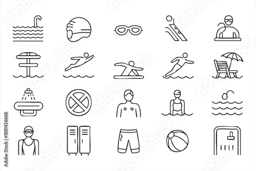 Water Sports Line Icons for Pool and Fitness Applications