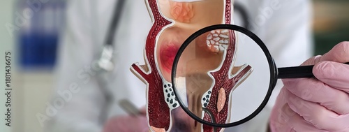 Wallpaper Mural Proctologist holds magnifying glass and anatomical model of rectum with hemorrhoids. Diseases of the rectum signs and diagnosis concept Torontodigital.ca