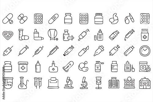 Hospital and Pharmacy Line Icons for Healthcare Management