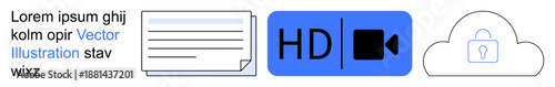 Digital storage, video streaming, cloud security, online documentation, data sharing, media processing. Set of icons documents, HD video and cloud with lock. Cloud security and video streaming