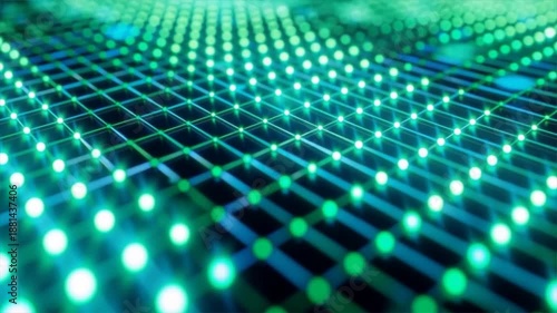 A vibrant digital landscape featuring a matrix of glowing green lights on a grid, representing innovation and connectivity.
