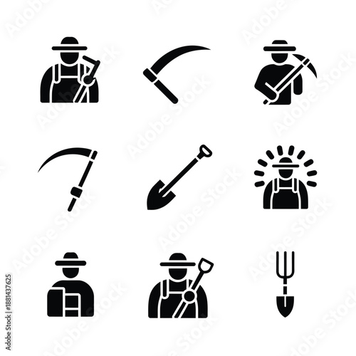 farmers and farming tools icons set high quality