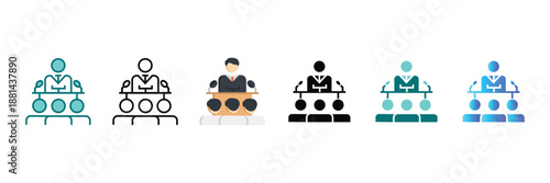 Effective business interaction, management, and strategic planning icons depicting employee teamwork, collaboration, and data-driven meeting solutions