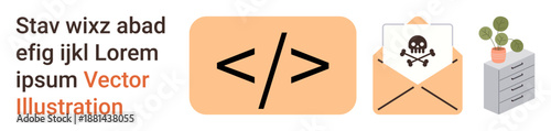 Cybersecurity, tech vulnerability, malicious software, online protection, email safety, tech workplace environment. Code symbol, malware in email office desk with plant and drawers. Cybersecurity