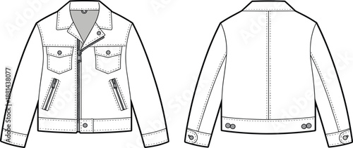 Women denim jacket CAD drawing with front and back views, zipper closure, pocket and stitch details, casual outerwear fashion technical illustration, cad drawing flat vector illustration