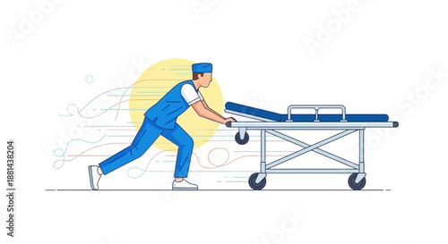 Urgent Care Response: Doctor or Nurse Rushing with Stretcher. Emergency Medical Worker Running Fast with Hospital Gurney. Modern Vector Illustration.