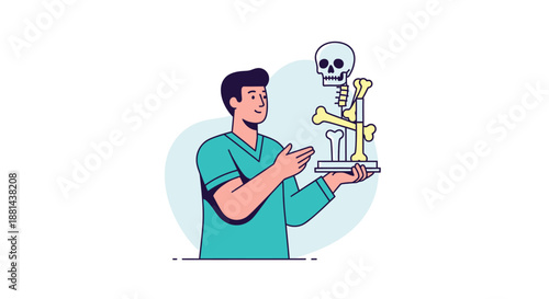 Medical Professional Holding Anatomical Skeleton and Bone Model. Doctor Teaching Orthopedics, Osteology, and Human Anatomy Education.