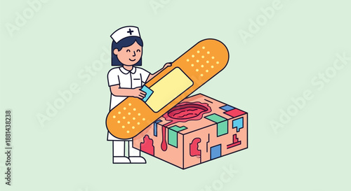 Nurse Applying Giant Bandage to Damaged Box Structure: Healthcare, First Aid, and Conceptual Repair Illustration for Systemic Issues