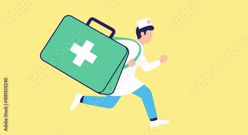 Urgent Medical Response Illustration. Doctor Running Fast Carrying Giant First Aid Kit. Healthcare Emergency and Rapid Service Concept.