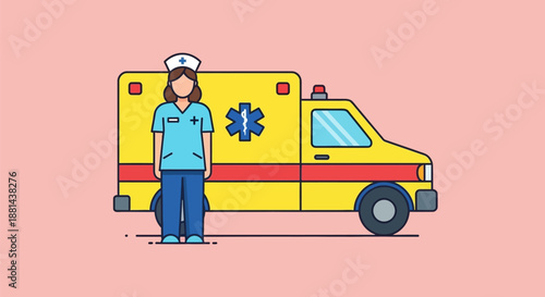 Healthcare Professional and Ambulance. Female EMT/Nurse Worker in Uniform, Emergency Medical Service Flat Vector Illustration