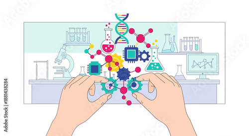 Biotechnology & Computational Research. Hands connect DNA, molecules, gears, and microchips in a modern lab. Genetic engineering, science innovation, flat illustration.