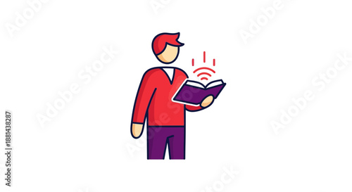Audiobook Icon: Person Reading Book with Sound Waves. E-Learning, Digital Education, and Information Access Vector Illustration.