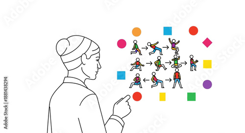 Woman Analyzing Complex Process Flow Diagram with Movement Icons: Business Strategy, Transformation, and Step-by-Step Workflow Visualization Illustration