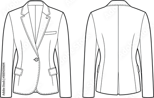 Women tailored blazer CAD drawing with front and back views, lapel, pocket and seam details, formal fashion apparel technical illustration, cad drawing flat vector illustration