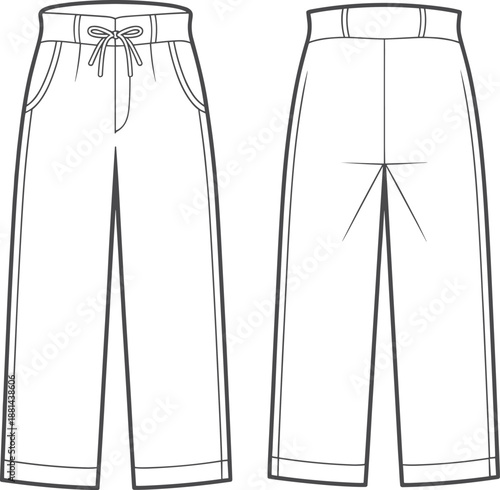Women wide leg pants CAD drawing with front and back views, drawstring waistband and pocket details, fashion apparel technical illustration, cad drawing flat vector illustration