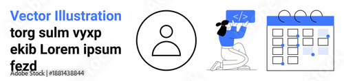 Digital identity, coding, task management, productivity tools, career planning, scheduling. Minimal user icon, programmer working calendar interface. Digital identity and coding concept