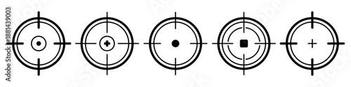Target crosshair icon set with circular aiming symbols, focus marks and reticle elements in black outline style, clean geometric UI illustration for interface design, games, apps, HUD graphics