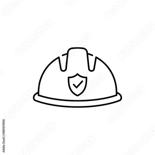 Safety Hard Hat Line Icon with Checkmark Shield. Construction Helmet Outline Symbol for Workplace Protection, Security, and Quality Compliance.