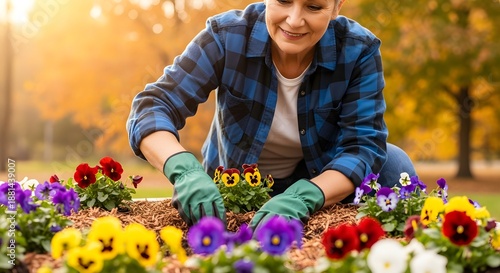 Woman Gardening Outdoors Planting Colorful Pansies in a Raised Flower Bed in Autumn