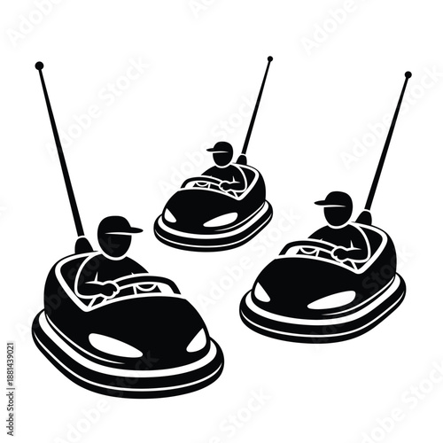 Three people riding bumper cars in a fun amusement park setting