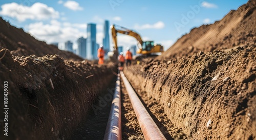 Installing Water Pipes in Trench with Construction Equipment and City Skyline