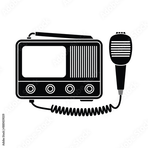 black and white image of a radio with a microphone