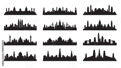 Collection of twelve city skylines with famous landmarks isolated